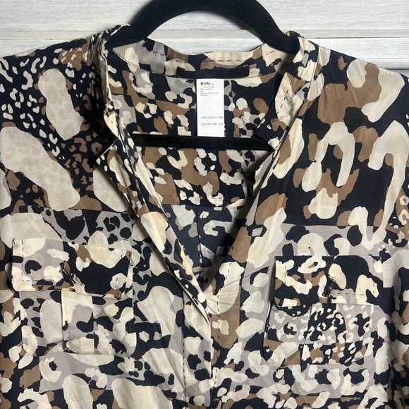 Les Copains Animal Print Drawstring Cargo Pocket Silk Button Down Shirt Dress - Picture 5 of 11